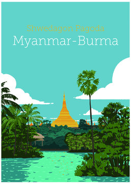 Shwedagon Pagoda over Kandawgyi Lake in Yangon, Burma (Myanmar). Vector illustration.