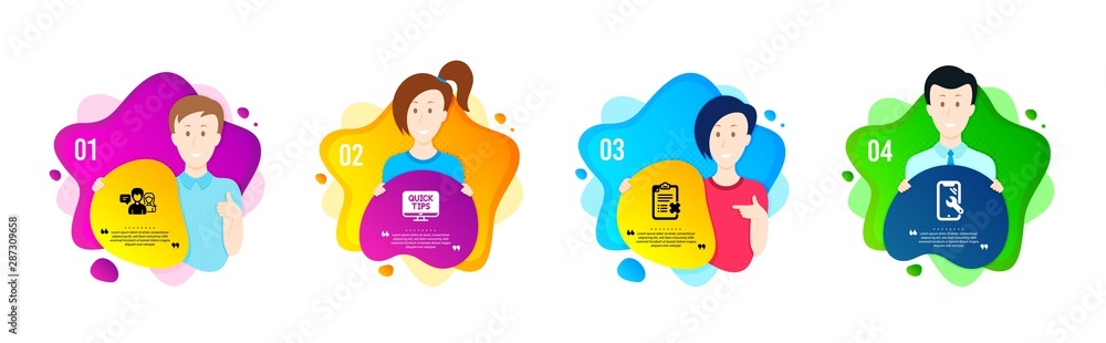 Poster web tutorials, reject checklist and people talking icons simple set. people shapes timeline. smartph