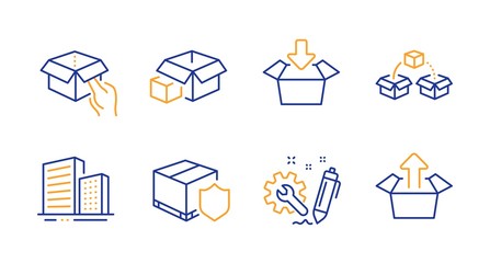 Delivery insurance, Hold box and Buildings line icons set. Packing boxes, Engineering and Parcel shipping signs. Get box symbol. Parcel protection, City architecture. Industrial set. Vector