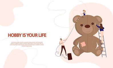 Hand Made Hobby Concept. Tiny People Characters Sew Huge Teddy Bear toy. Editable vector illustration