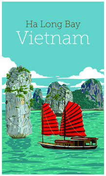 The wonderful Ha Long Bay (Descending Dragon Bay), Unesco world heritage in Vietnam. Vector illustration. CMYK