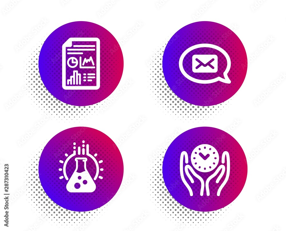 Poster chemistry lab, report document and messenger icons simple set. halftone dots button. safe time sign.