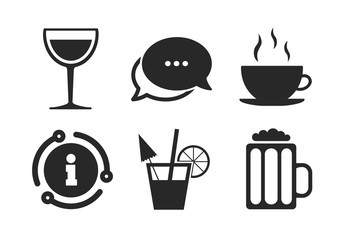 Coffee cup and glass of beer symbols. Chat, info sign. Drinks icons. Wine glass and cocktail signs. Classic style speech bubble icon. Vector