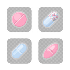 Blister packs with different shape pills realistic vector set. Pharmacy isolated colorful packagings. Aspirin, antibiotics, vitamin or painkiller drugs.