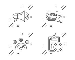 Correct answer, Search car and Megaphone line icons set. Exam time sign. Speed symbol, Find transport, Advertisement. Checklist. Technology set. Line correct answer outline icon. Vector