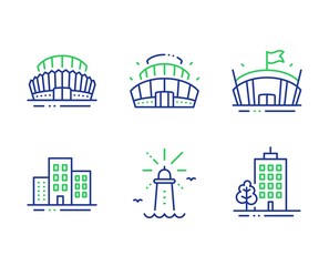 Sports stadium, Buildings and Lighthouse line icons set. Arena stadium, Arena and Skyscraper buildings signs. Town apartments, Navigation beacon, Competition building. Town architecture. Vector
