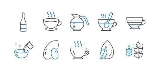 Set of Food and drink icons, such as Cappuccino, Coffee cup, Cooking water, Champagne bottle, Tea cup, Coffeepot, Peanut, Water drop, Coffee, Gluten free line icons. Hot drink, Glass. Vector