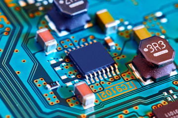 Electronic circuit board close up.