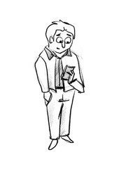 friendly young guy in casual clothes, holding a mobile phone