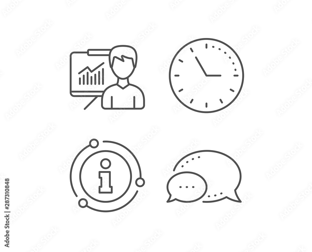 Poster presentation line icon. chat bubble, info sign elements. education board sign. lecture with charts s