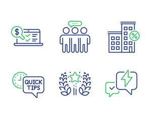 Ranking, Loan house and Employees group line icons set. Quick tips, Online accounting and Lightning bolt signs. Laurel wreath, Discount percent, Collaboration. Helpful tricks. Technology set. Vector