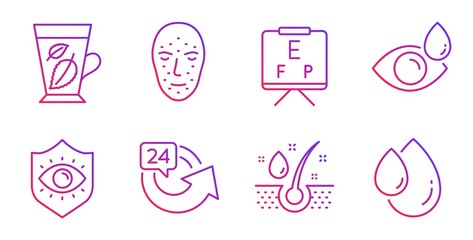 24 hours, Eye protection and Mint leaves line icons set. Vision board, Eye drops and Serum oil signs. Face biometrics, Oil drop symbols. Repeat, Optometry. Medical set. Gradient 24 hours icon. Vector