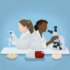 Women scientists wearing white coats conducting experiments in science laboratory. Female researchers in medicine lab. Three pills medicine.