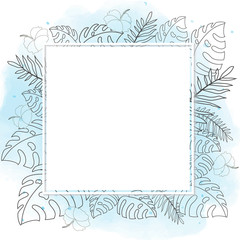 hand drawn summer tropical flower botanical doodle line frame on watercolor background