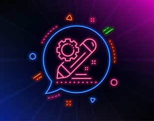 Fototapeta premium Project edit line icon. Neon laser lights. Settings management sign. Pencil symbol. Glow laser speech bubble. Neon lights chat bubble. Banner badge with project edit icon. Vector