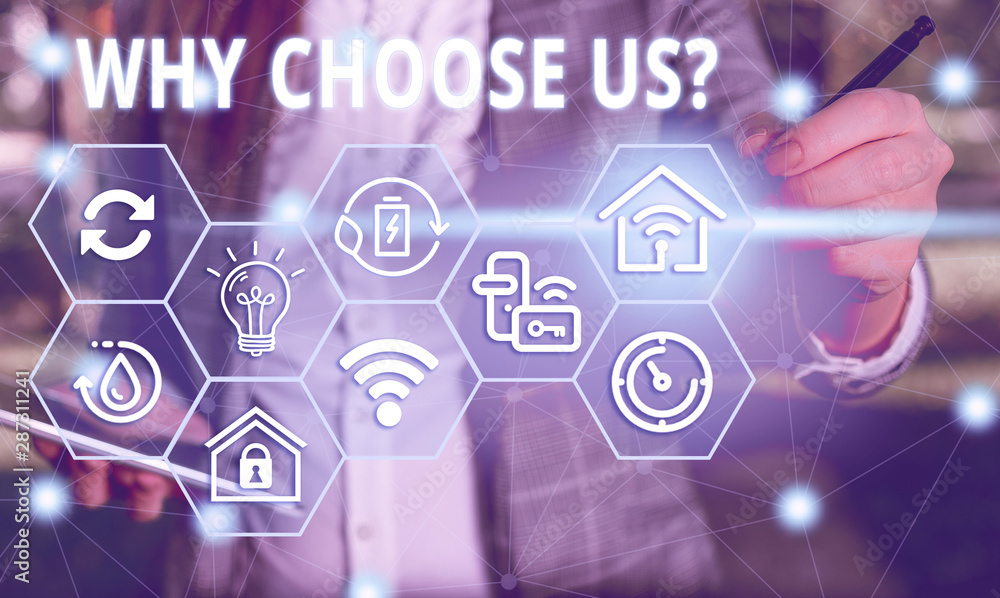 Poster word writing text why choose us question. business photo showcasing list of advantages and disadvant