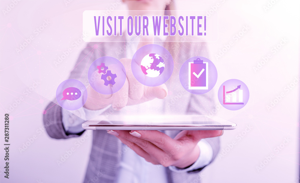 Poster writing note showing visit our website. business concept for visitor who arrives at web site and pro