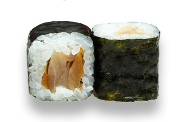 a smoked tuna roll isolated on a white background