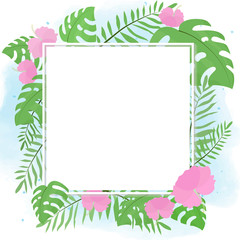 hand drawn summer tropical flower botanical flat style frame on watercolor background