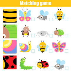 Matching game. Educational children activity with cute insects. Match patern and objects