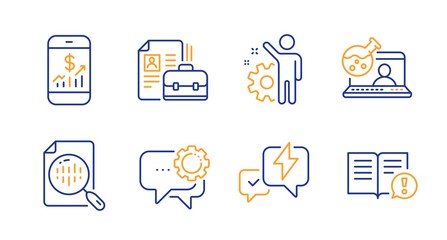 Lightning bolt, Employee and Analytics chart line icons set. Employees messenger, Mobile finance and Online chemistry signs. Vacancy, Facts symbols. Messenger, Cogwheel. Education set. Vector