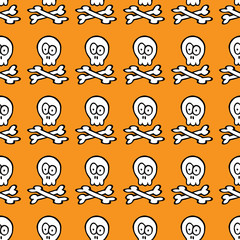 Naklejka premium Funny skull pattern, black line, on orange background halloween theme vector illustration for design and decoration, image
