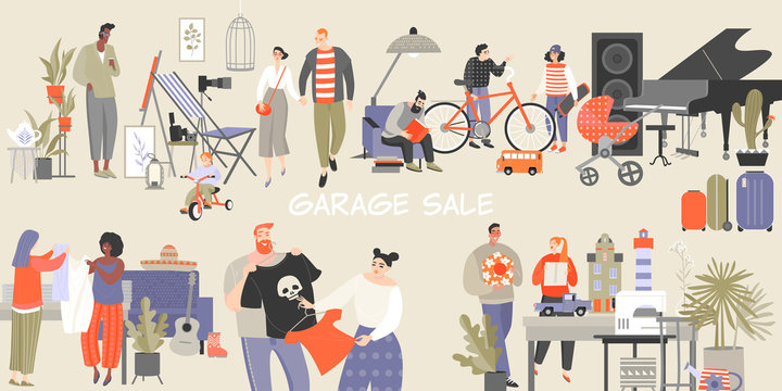 Vector illustration of a large garage sale with people choosing clothes and household items