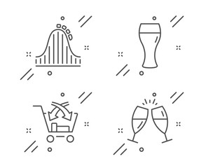 Cross sell, Beer glass and Roller coaster line icons set. Champagne glasses sign. Market retail, Brewery beverage, Attraction park. Chin-chin. Business set. Line cross sell outline icon. Vector