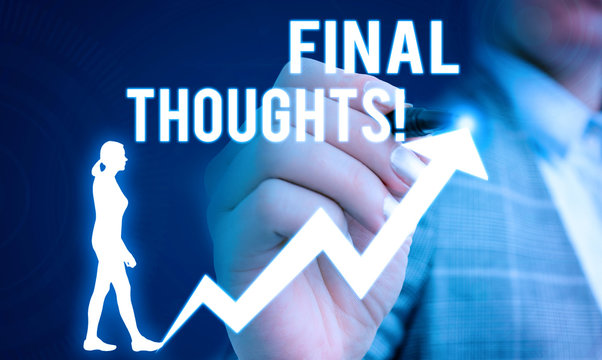 Handwriting text writing Final Thoughts. Conceptual photo should be last few sentences within your conclusions Female human wear formal work suit presenting presentation use smart device