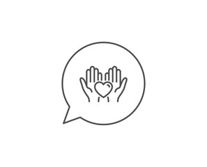Hold heart line icon. Chat bubble design. Friends love sign. Friendship hand symbol. Outline concept. Thin line hold heart icon. Vector