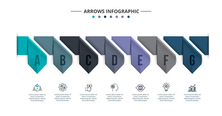 Vector infographic arrows design template with icons. Can be used for process diagram, presentations, workflow layout, banner, flow chart, info graph with 7 options or steps.