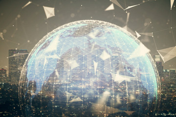 Double exposure of business theme hologram drawing and city veiw background. Concept of success.