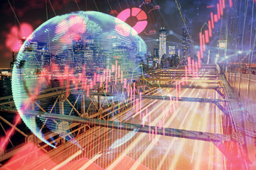 Double exposure of business theme hologram drawing and city veiw background. Concept of success.