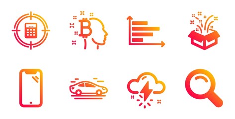 Smartphone, Car and Thunderstorm weather line icons set. Calculator target, Gift and Horizontal chart signs. Bitcoin think, Search symbols. Phone, Transport. Business set. Vector