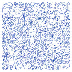 Painted by hand style pattern on the theme of childhood. Vector illustration for children design. Drawing by pen on squared notebook.