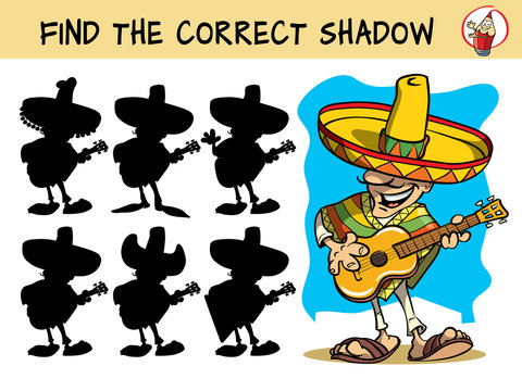 Mexican guitar player. Find the correct shadow. Educational matching game for children. Cartoon vector illustration