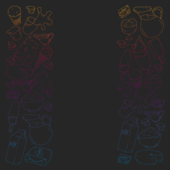 Vector pattern with icons of milk, butter,cottage cheese, sour cream, cheese, yogurt, ice cream, cream. Collection of dairy products.