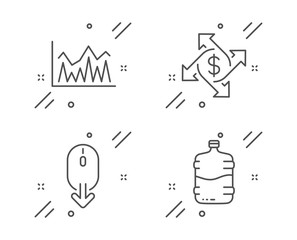 Scroll down, Investment and Payment exchange line icons set. Cooler bottle sign. Mouse swipe, Economic statistics, Money transfer. Water drink. Business set. Line scroll down outline icon. Vector