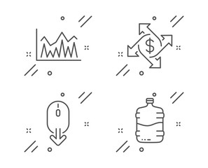 Fototapeta premium Scroll down, Investment and Payment exchange line icons set. Cooler bottle sign. Mouse swipe, Economic statistics, Money transfer. Water drink. Business set. Line scroll down outline icon. Vector