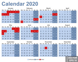 Production calendar 2020 with holidays and weekends. Bright style. Russia. Relaxation. Europe. For your design.