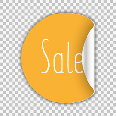 Vector circle sticker with curled corner and sale text inside on transparent background.