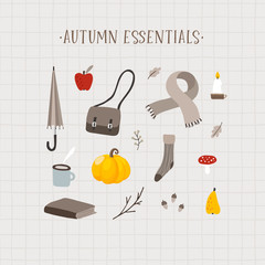 Autumn essentials. Set of cute hand drawn fall food, drink, fashion and lifestyle icons with coffee, leaves, fruit, stationery and pumpkin. Thanksgiving design. Isolated vector objects, flat design.