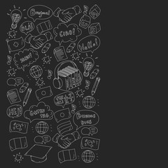 Vector pattern for language class, online courses. English, arabic, italian, japanese, spanish, chinese, german.
