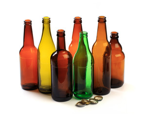 set of empty beer bottles on  white background - Image