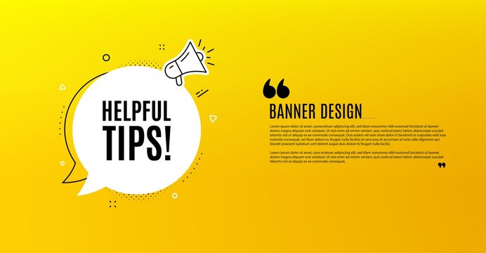 Helpful tips symbol. Yellow banner with chat bubble. Education faq sign. Help assistance. Coupon design. Flyer background. Hot offer banner template. Bubble with helpful tips text. Vector