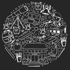 Vector pattern with little children. Back to school. Geography, geometry, mathematics, physics, chemistry, astronomy