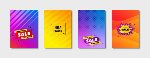 Huge Discounts. Cover design, banner badge. Special offer price sign. Advertising Sale symbol. Poster template. Sale, hot offer discount. Flyer or cover background. Coupon, banner design. Vector