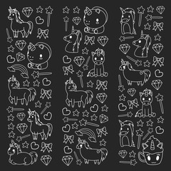 Children pattern with fairy tale unicors for kids clothes, posters, banners, shirts. Vector image with cartoon character.