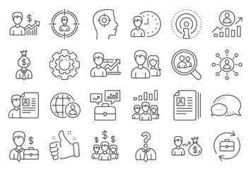 Human Resources, head hunting line icons. Business networking contract, Job Interview and Head Hunting contract icons. CV, Teamwork and Portfolio symbols. Business career, human, interview. Vector