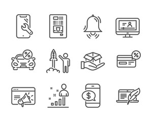 Set of Technology icons, such as Phone payment, Smartphone repair, Launch project, Car leasing, Online video, Coffee vending, Seo marketing, Cashback, Copyright laptop, Stats, Clock bell. Vector